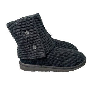 UGG Women's Classic Cardy Fold Over Two Button Tall Knit Boot-Black Suede, Sz 6